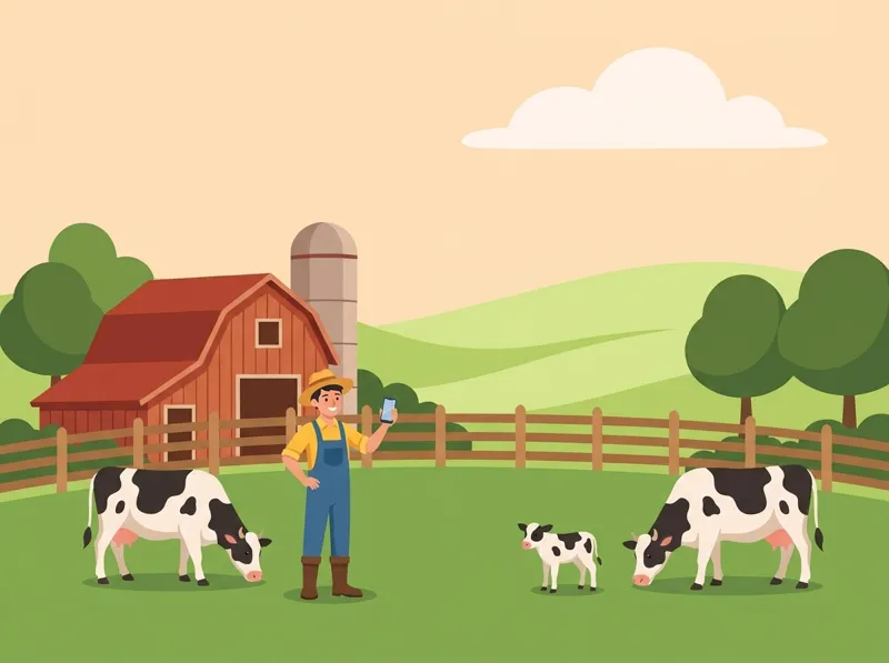 Produtor com o celular na mão, ao lado de duas vacas e um bezerro, em frente ao celeiro