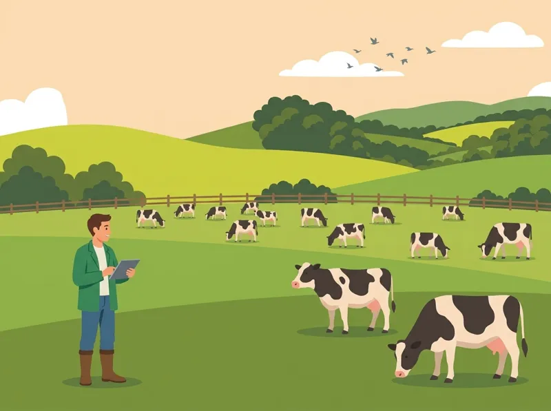 Veterinária com um tablet diante de um grande rebanho no pasto